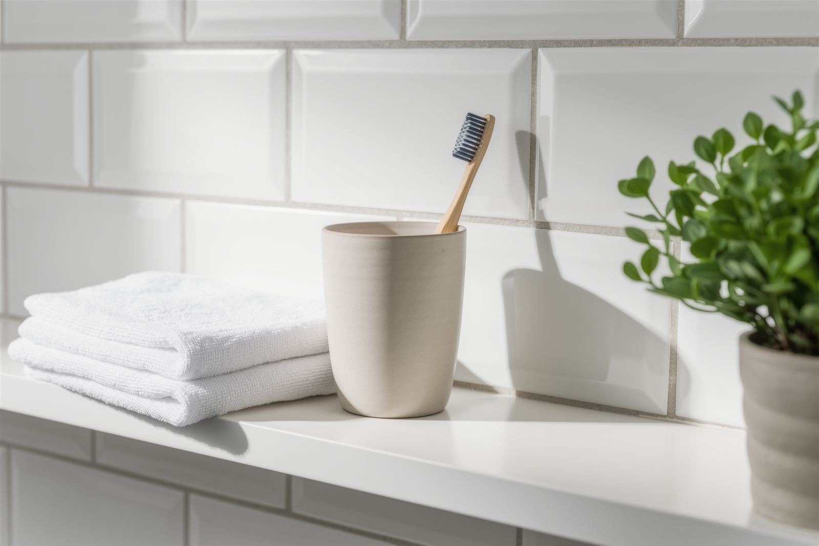 A bathroom shelf with a ceramic cup holding a toothbrush, a folded white towel and a small plant against white tile
