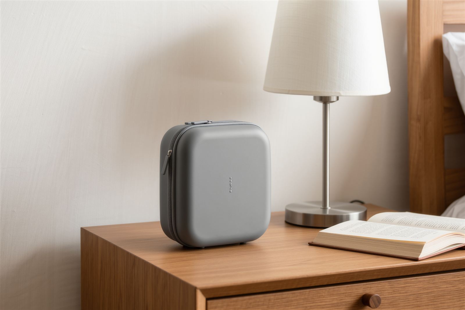 A plain gray carrying case zipped shut beside a lit table lamp and an open book on a wooden bedside table