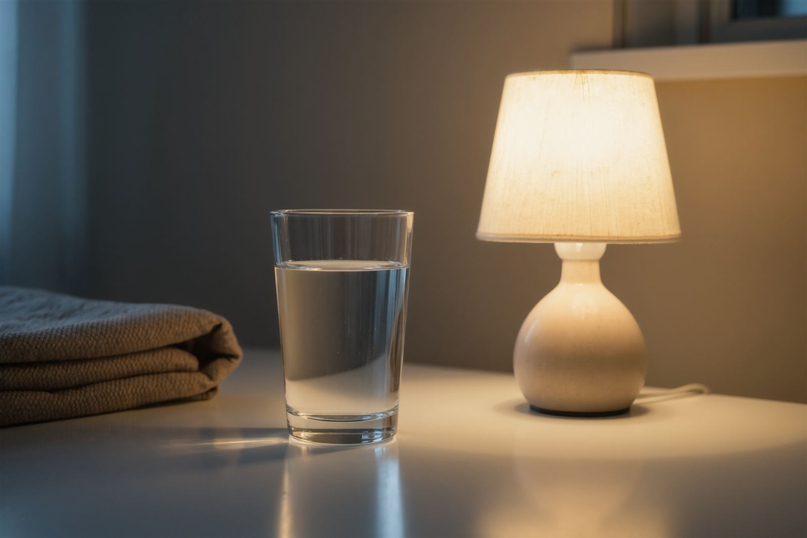 A glass of water, a folded blanket and a glowing table lamp on a bedside table in soft evening light