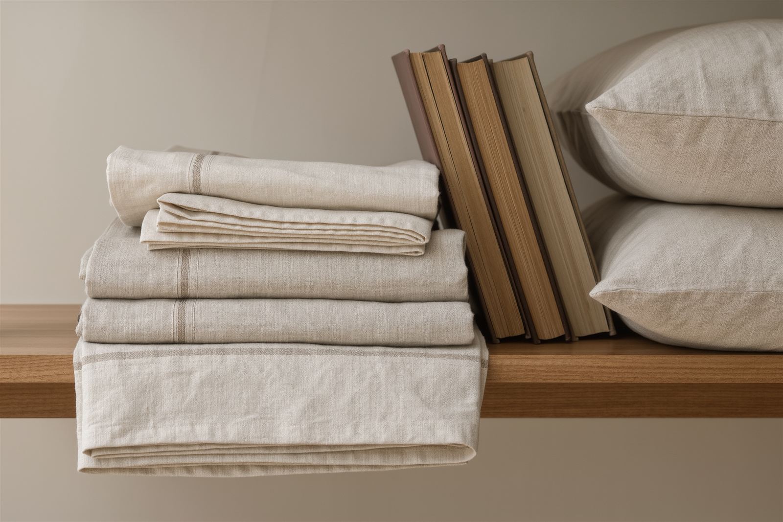 A shelf of folded linen sheets and two pillows beside a few books in soft natural light