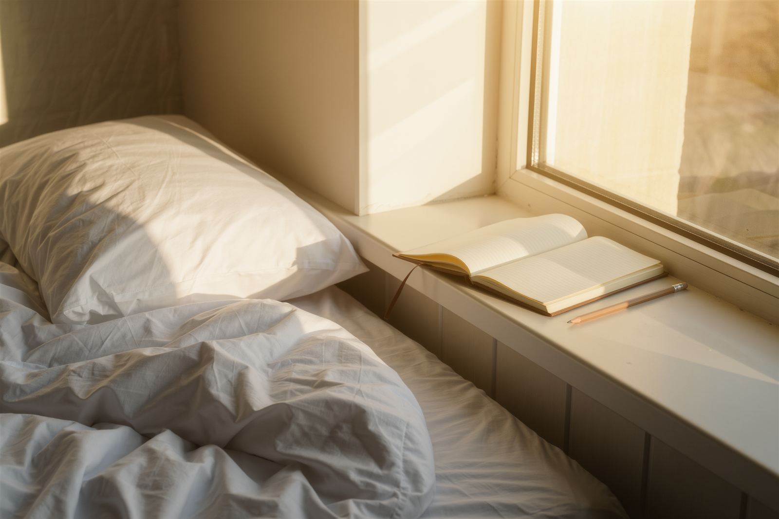 Morning light across an unmade white bed and a window sill holding a blank open notebook and a pencil